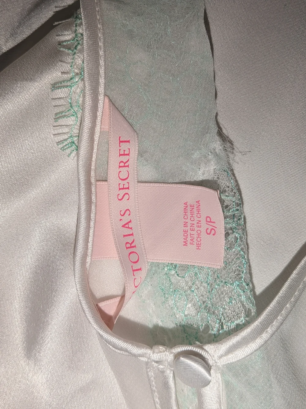 Victoria's Secret White Satin Chemise with Light Mint Lace